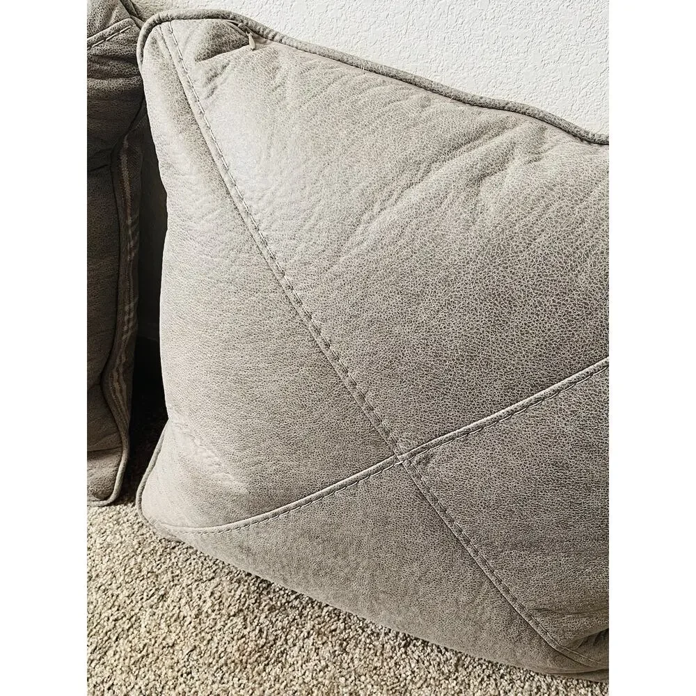 Set 2 Plaid 100% Waterfowl Feather Pillows Beige Tan Gray Grey Checkered Suede